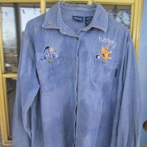 Vintage Y2K Disney Winnie the Pooh Embroidered Corduroy Long Sleeve Shirt Medium